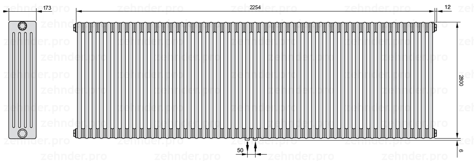 Схема (чертеж) Радиатор Zehnder Charleston 5280/49 №5410 Белый глянцевый RAL 9016